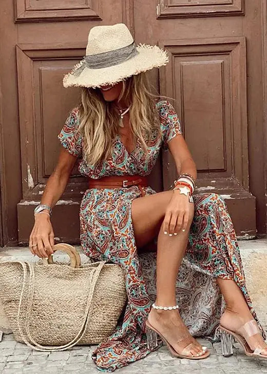 Lyra™ | Women's Boho Maxi Dress with Matching Belt – Gathered Waist Flowy Airy Summer Dress oaklynwear