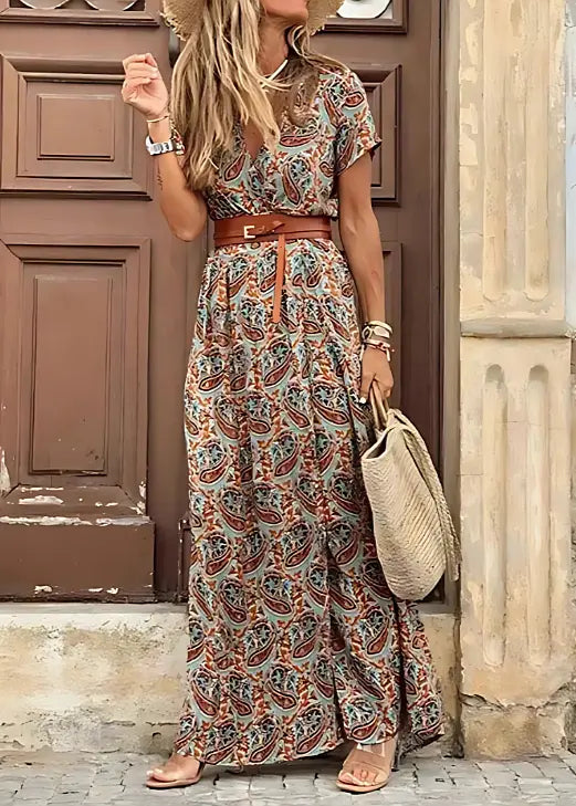Lyra™ | Women's Boho Maxi Dress with Matching Belt – Gathered Waist Flowy Airy Summer Dress oaklynwear