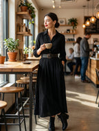 Black long sleeve maxi shirt dress with stand collar and full textured skirt - view 2