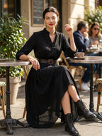 Black long sleeve maxi shirt dress with stand collar and full textured skirt - view 3