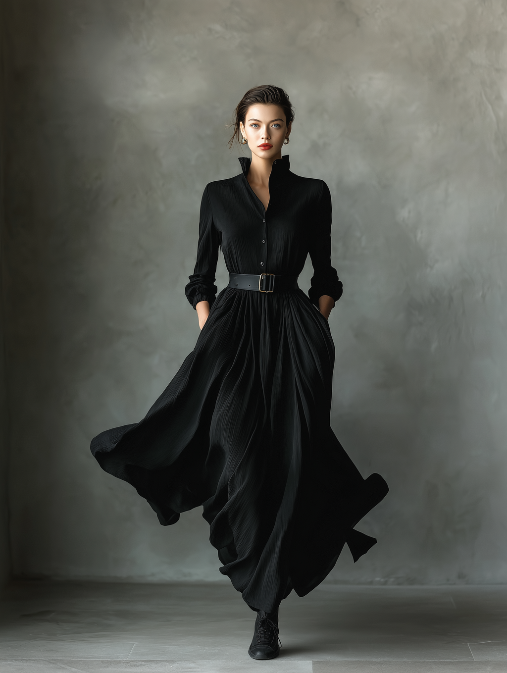 Black long sleeve maxi shirt dress with stand collar and full textured skirt - view 4