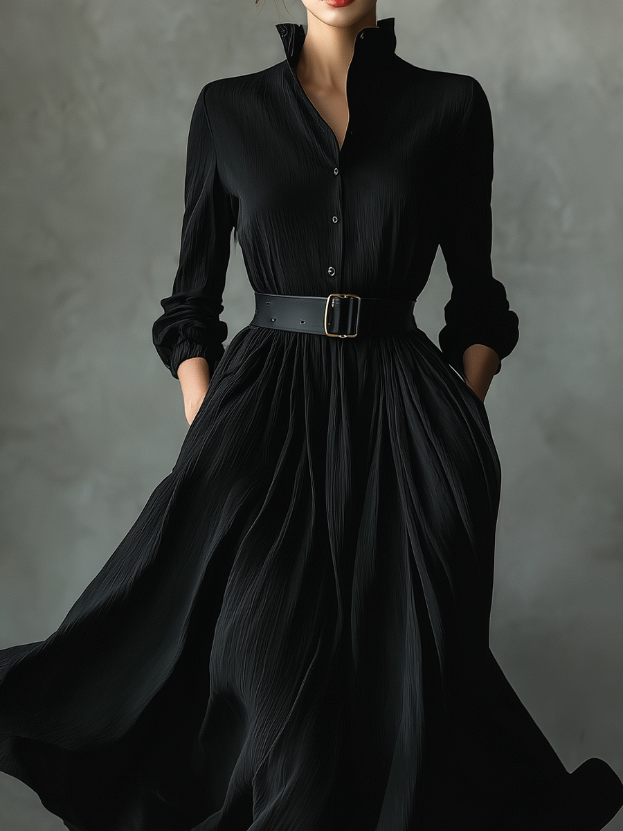 Black long sleeve maxi shirt dress with stand collar and full textured skirt - view 5