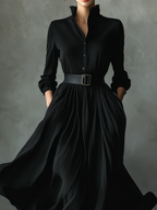 Black long sleeve maxi shirt dress with stand collar and full textured skirt - view 5