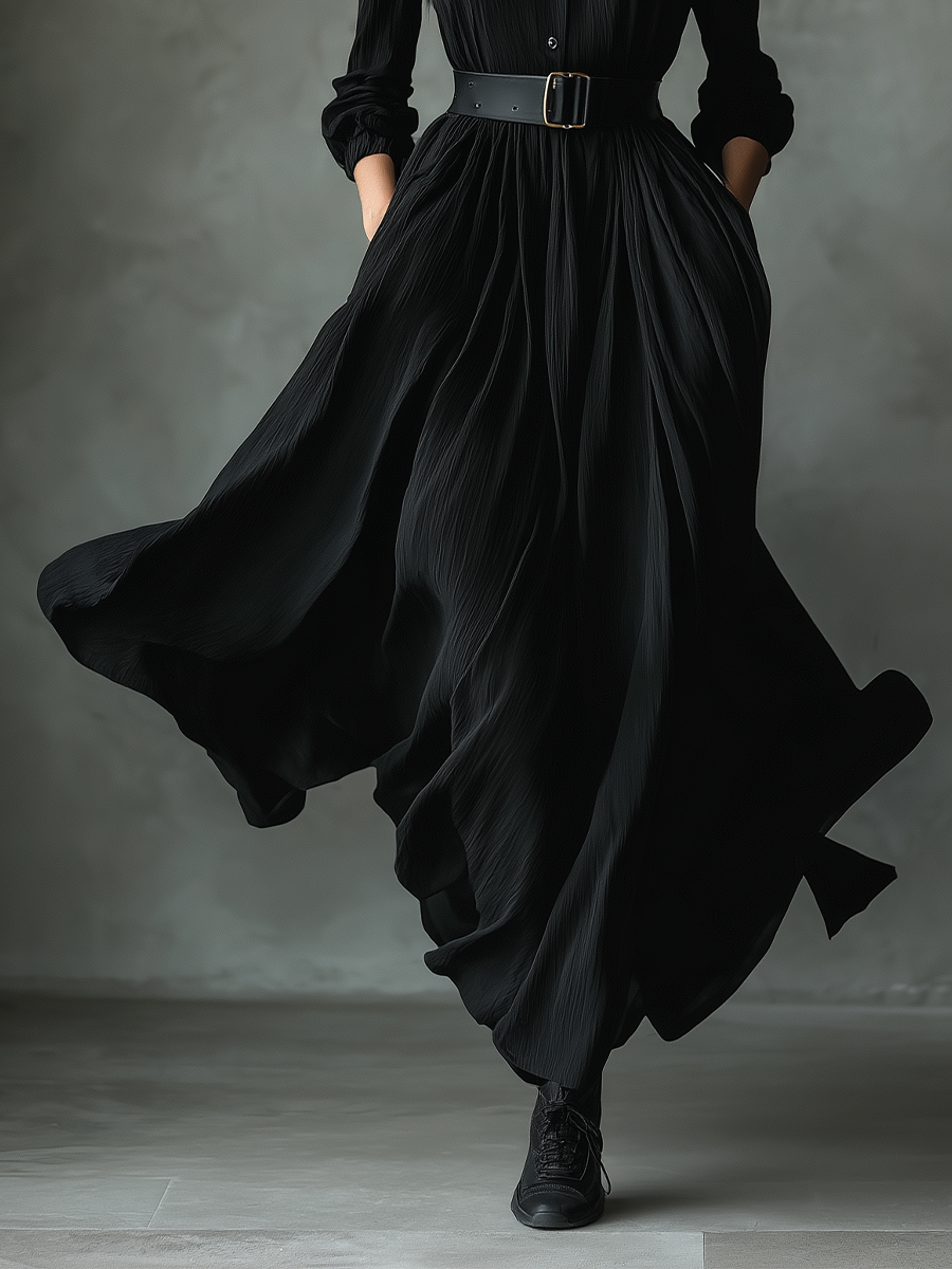 Black long sleeve maxi shirt dress with stand collar and full textured skirt - view 6