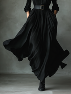 Black long sleeve maxi shirt dress with stand collar and full textured skirt - view 6