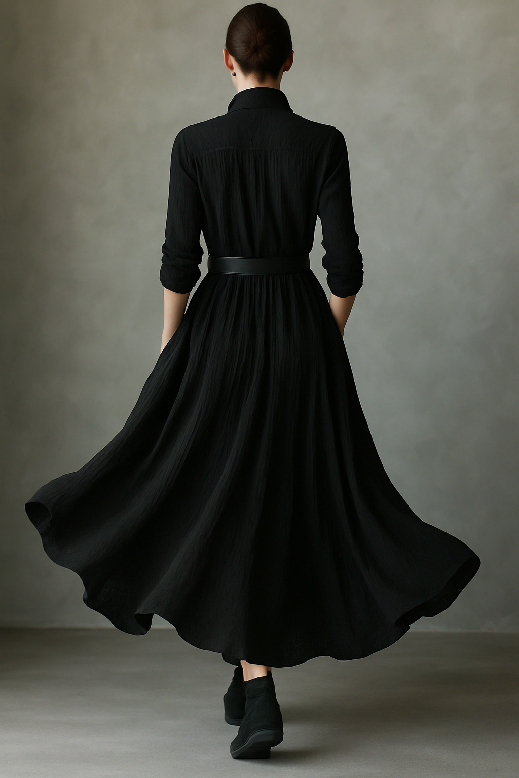 Black long sleeve maxi shirt dress with stand collar and full textured skirt - view 7