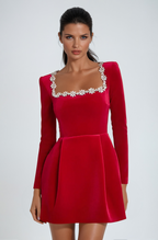 Long sleeve A-line mini dress with jewel-trimmed square neckline - view 5