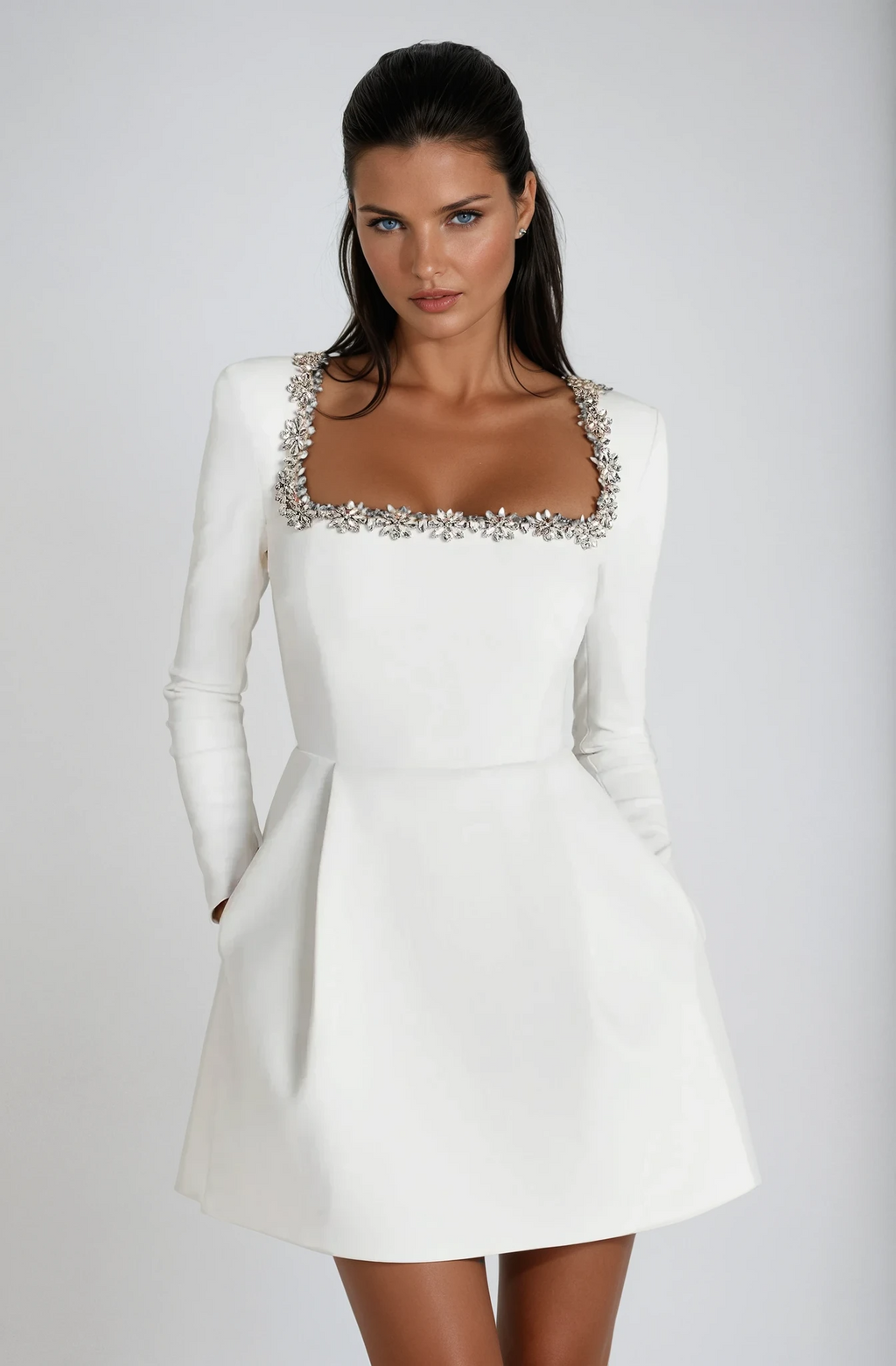 Long sleeve A-line mini dress with jewel-trimmed square neckline - view 6