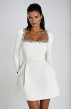 Long sleeve A-line mini dress with jewel-trimmed square neckline - view 6
