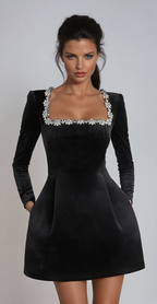 Long sleeve A-line mini dress with jewel-trimmed square neckline - view 7