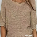 Women's beige open knit sweater with boat neckline and elbow-length dolman sleeves