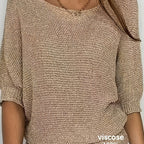 Women's beige open knit sweater with boat neckline and elbow-length dolman sleeves