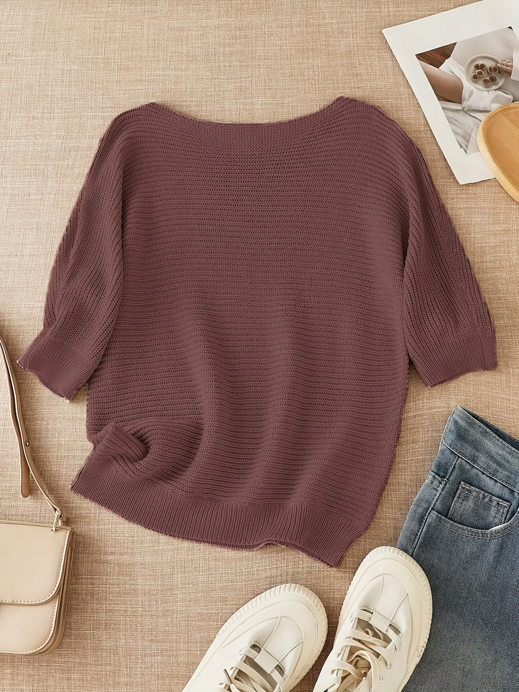 Women's beige open knit sweater with boat neckline and elbow-length dolman sleeves - view 10