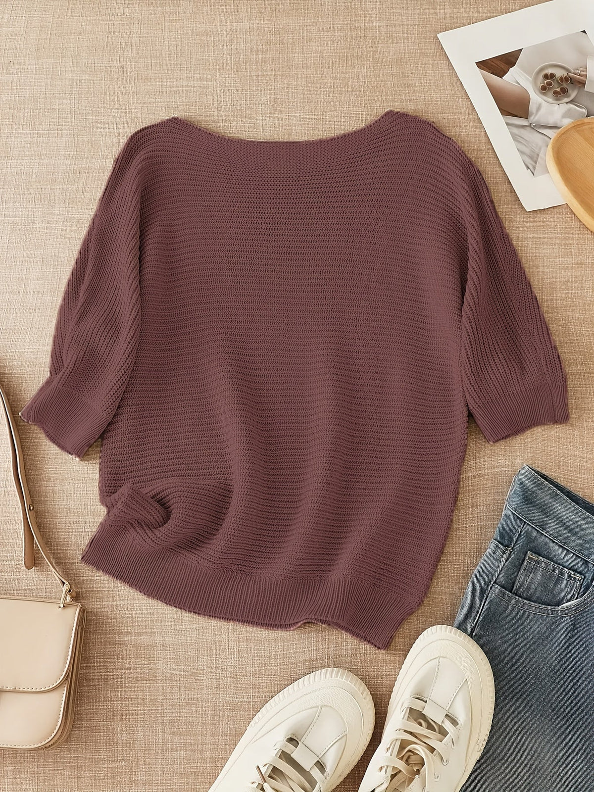 Women's beige open knit sweater with boat neckline and elbow-length dolman sleeves - view 10