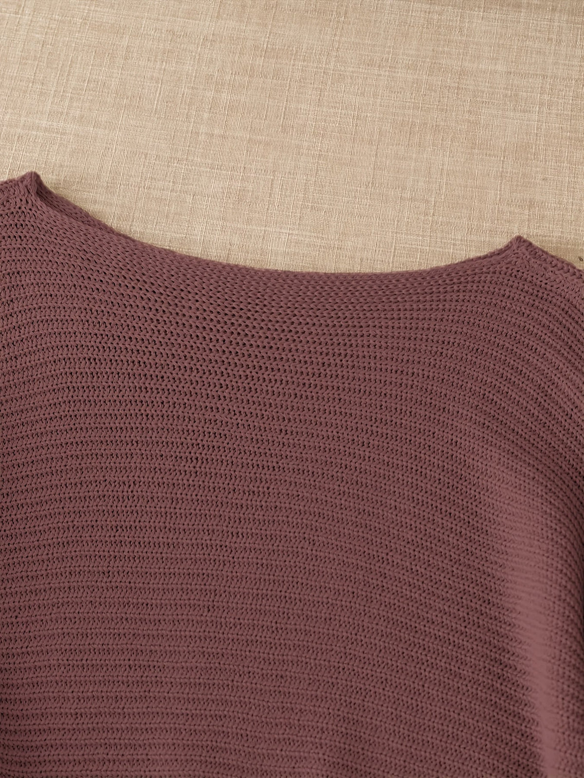 Women's beige open knit sweater with boat neckline and elbow-length dolman sleeves - view 13