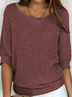 Women's beige open knit sweater with boat neckline and elbow-length dolman sleeves - view 14