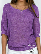Women's beige open knit sweater with boat neckline and elbow-length dolman sleeves - view 16