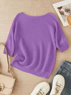 Women's beige open knit sweater with boat neckline and elbow-length dolman sleeves - view 17