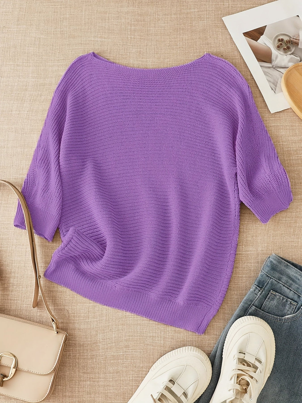 Women's beige open knit sweater with boat neckline and elbow-length dolman sleeves - view 17