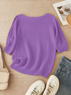 Women's beige open knit sweater with boat neckline and elbow-length dolman sleeves - view 18