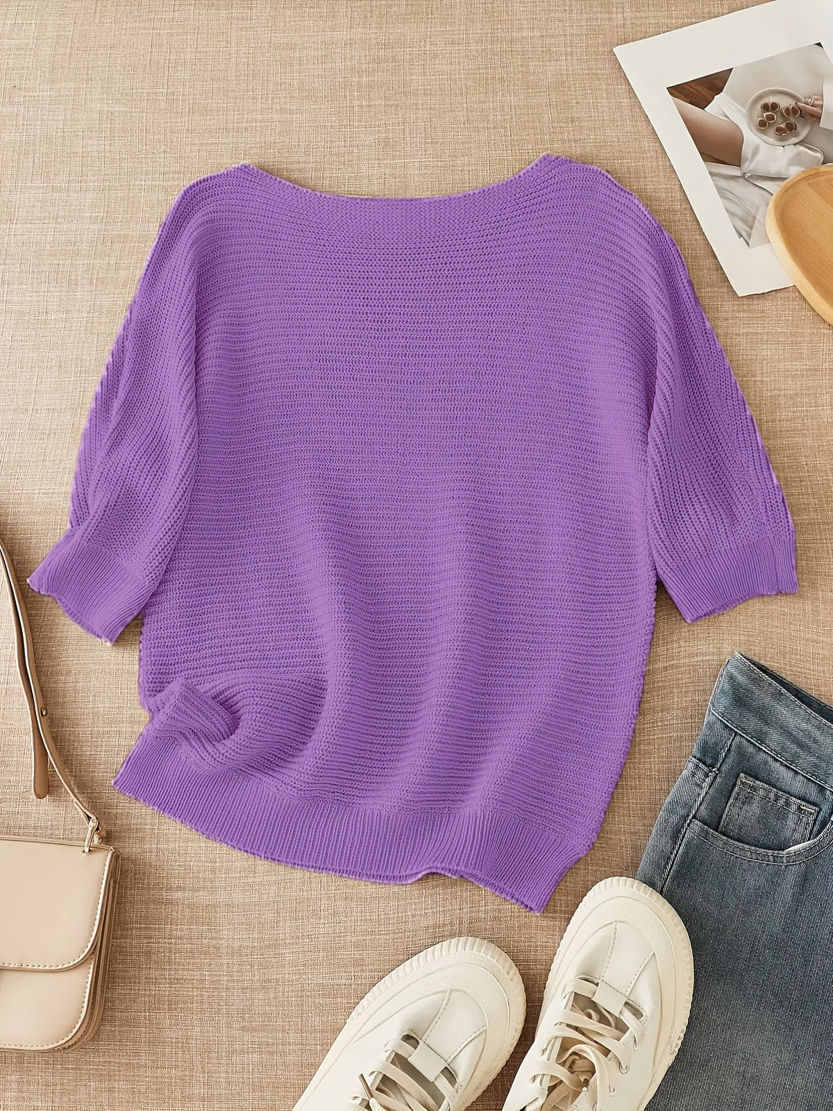 Women's beige open knit sweater with boat neckline and elbow-length dolman sleeves - view 18