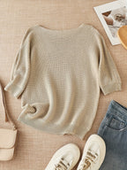 Women's beige open knit sweater with boat neckline and elbow-length dolman sleeves - view 2