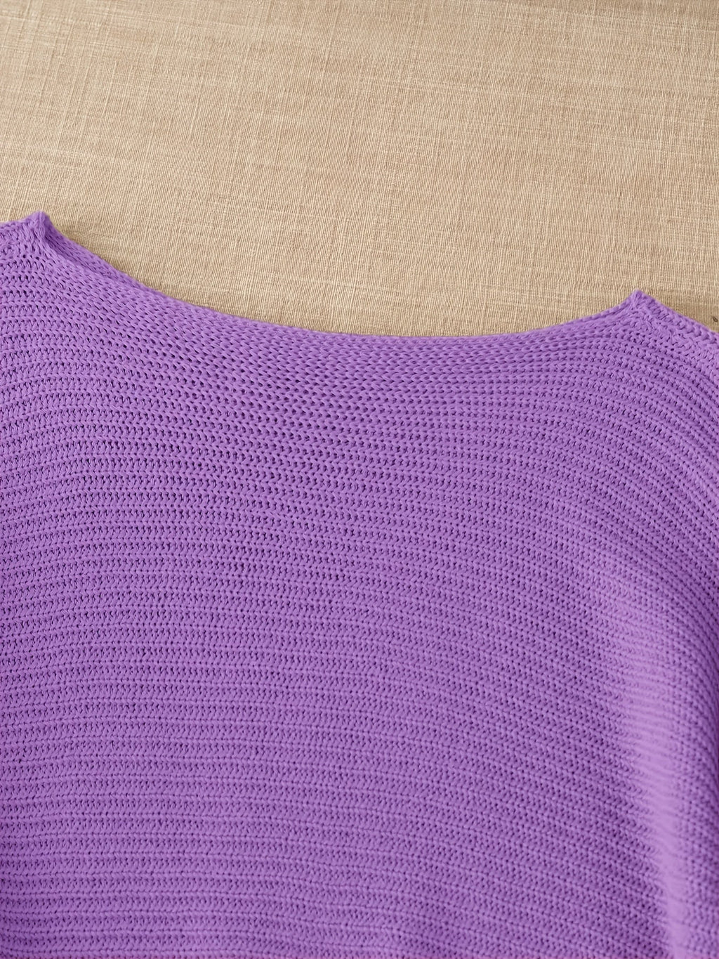 Women's beige open knit sweater with boat neckline and elbow-length dolman sleeves - view 21