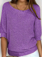 Women's beige open knit sweater with boat neckline and elbow-length dolman sleeves - view 22