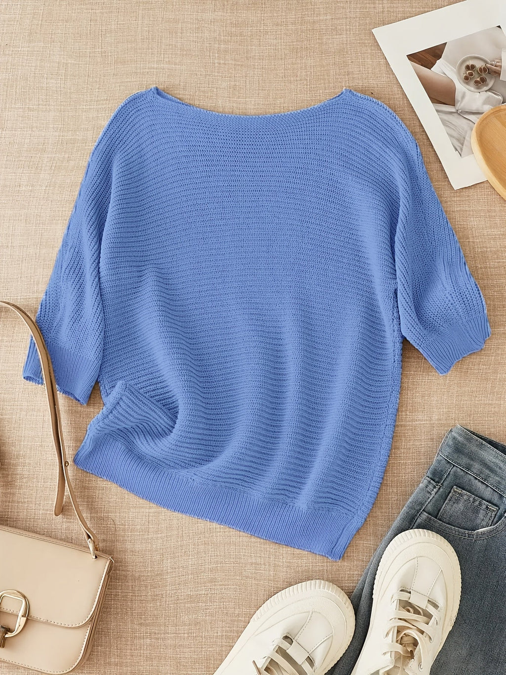 Women's beige open knit sweater with boat neckline and elbow-length dolman sleeves - view 25