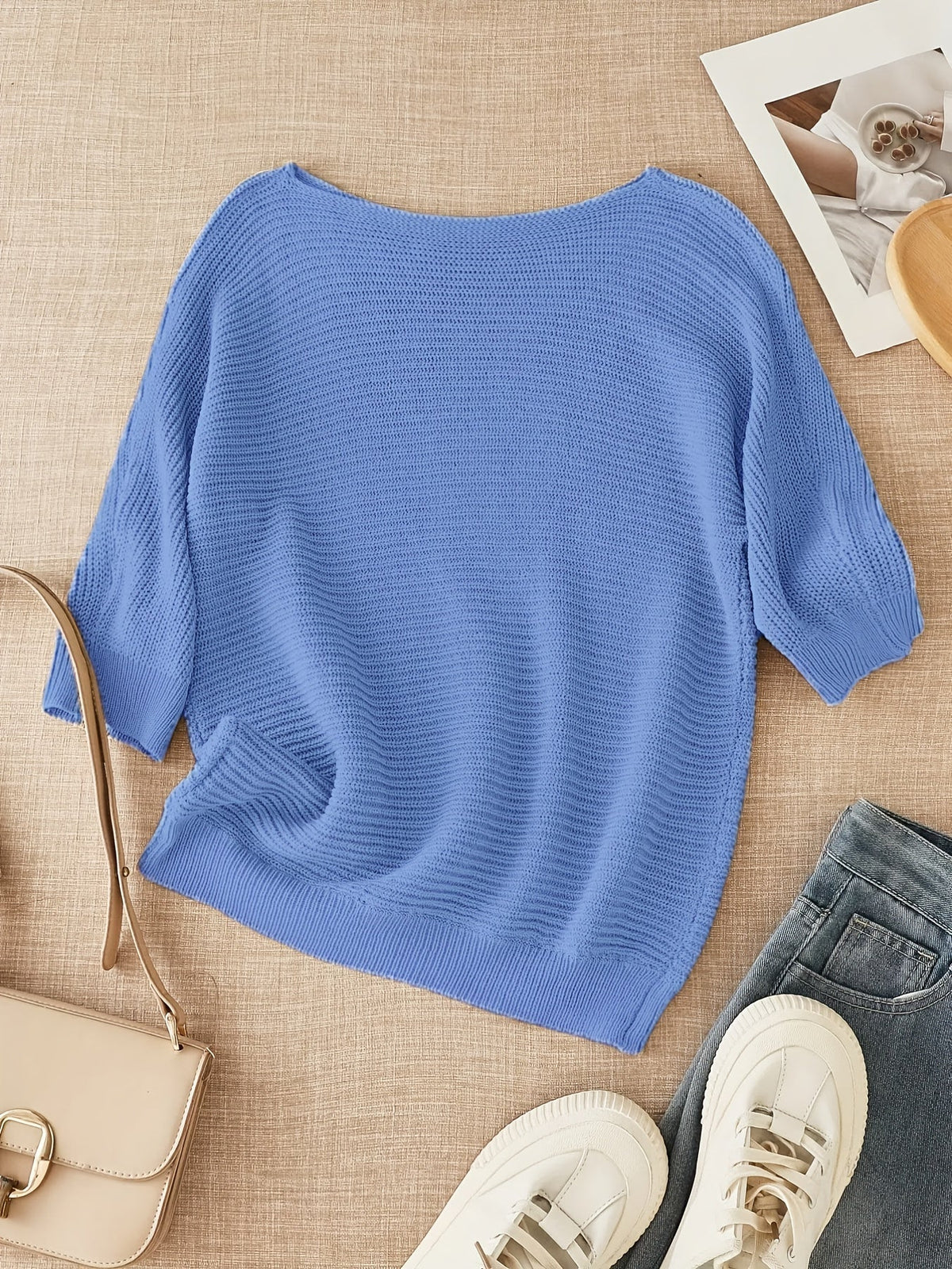 Women's beige open knit sweater with boat neckline and elbow-length dolman sleeves - view 25