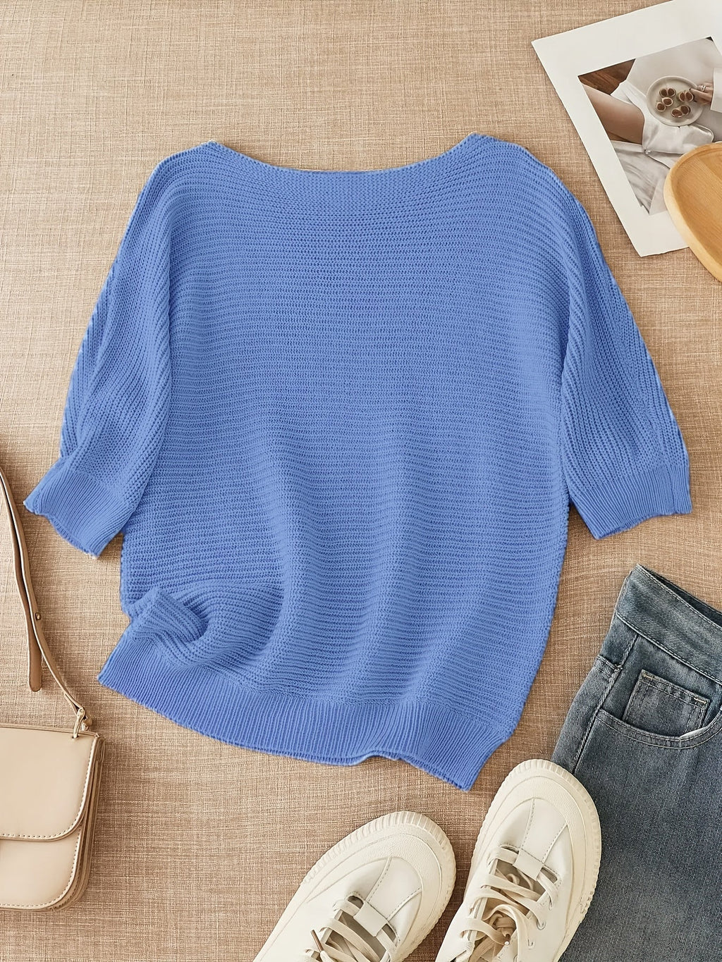 Women's beige open knit sweater with boat neckline and elbow-length dolman sleeves - view 26