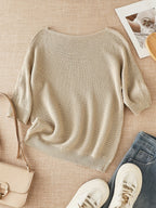 Women's beige open knit sweater with boat neckline and elbow-length dolman sleeves - view 3