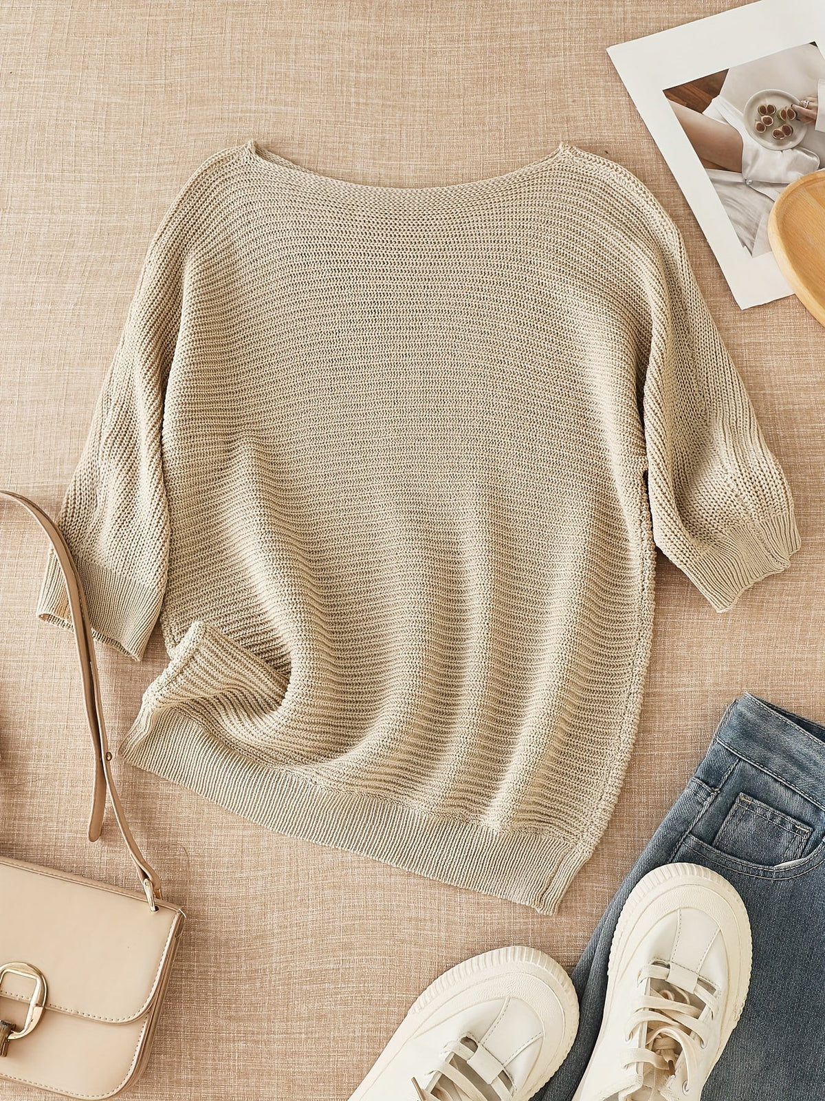 Women's beige open knit sweater with boat neckline and elbow-length dolman sleeves - view 3