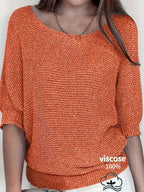 Women's beige open knit sweater with boat neckline and elbow-length dolman sleeves - view 32