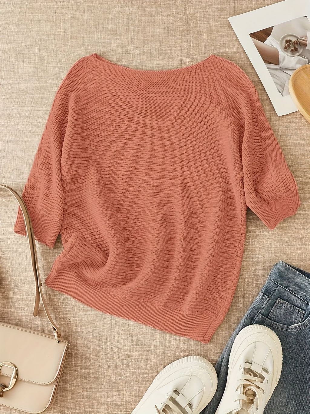 Women's beige open knit sweater with boat neckline and elbow-length dolman sleeves - view 33