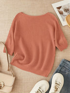 Women's beige open knit sweater with boat neckline and elbow-length dolman sleeves - view 33