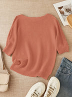 Women's beige open knit sweater with boat neckline and elbow-length dolman sleeves - view 34
