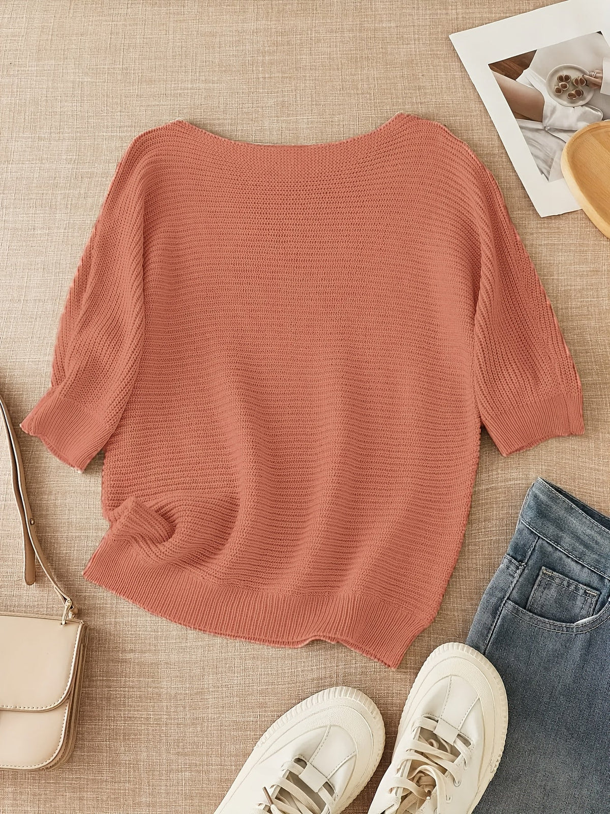 Women's beige open knit sweater with boat neckline and elbow-length dolman sleeves - view 34
