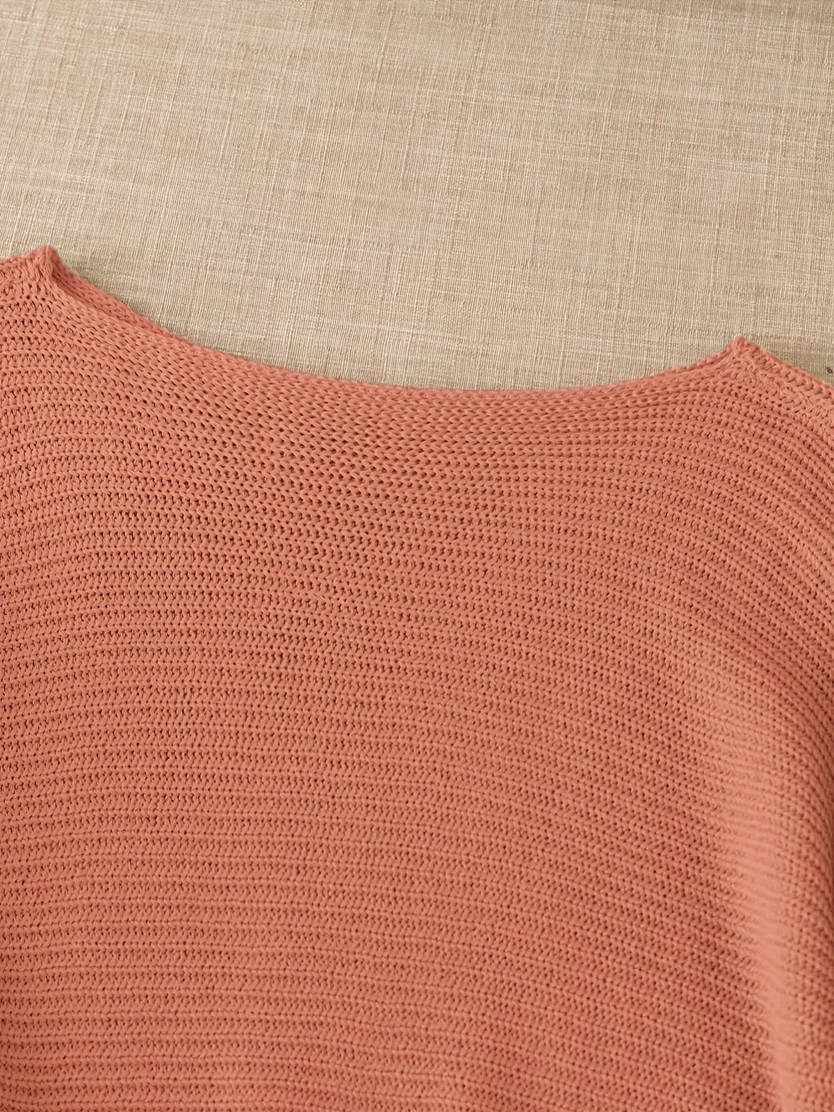 Women's beige open knit sweater with boat neckline and elbow-length dolman sleeves - view 37