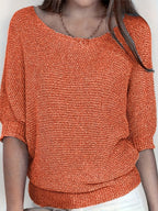 Women's beige open knit sweater with boat neckline and elbow-length dolman sleeves - view 38