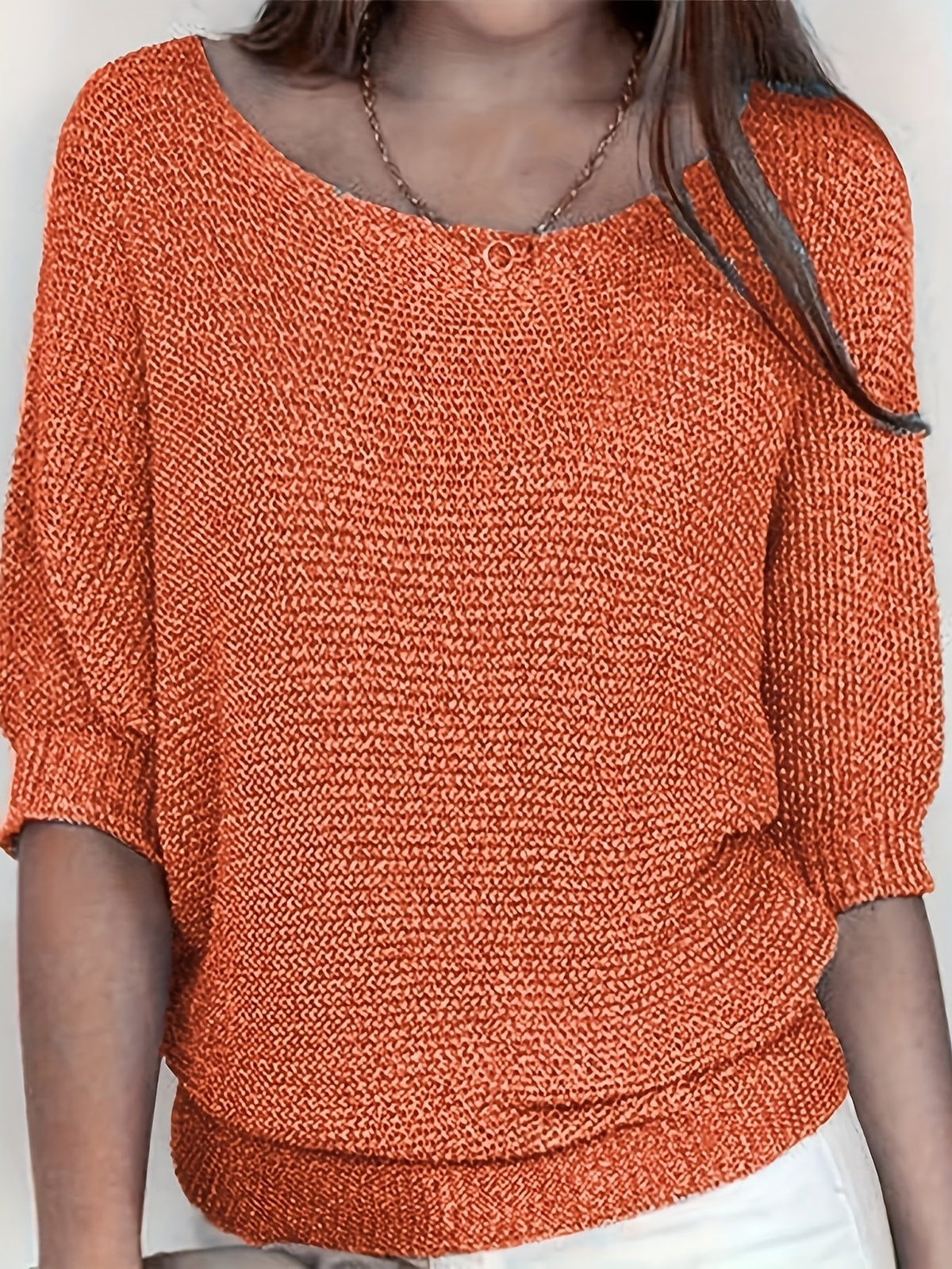 Women's beige open knit sweater with boat neckline and elbow-length dolman sleeves - view 38