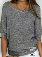Women's beige open knit sweater with boat neckline and elbow-length dolman sleeves - view 40