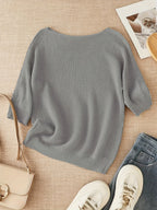 Women's beige open knit sweater with boat neckline and elbow-length dolman sleeves - view 41