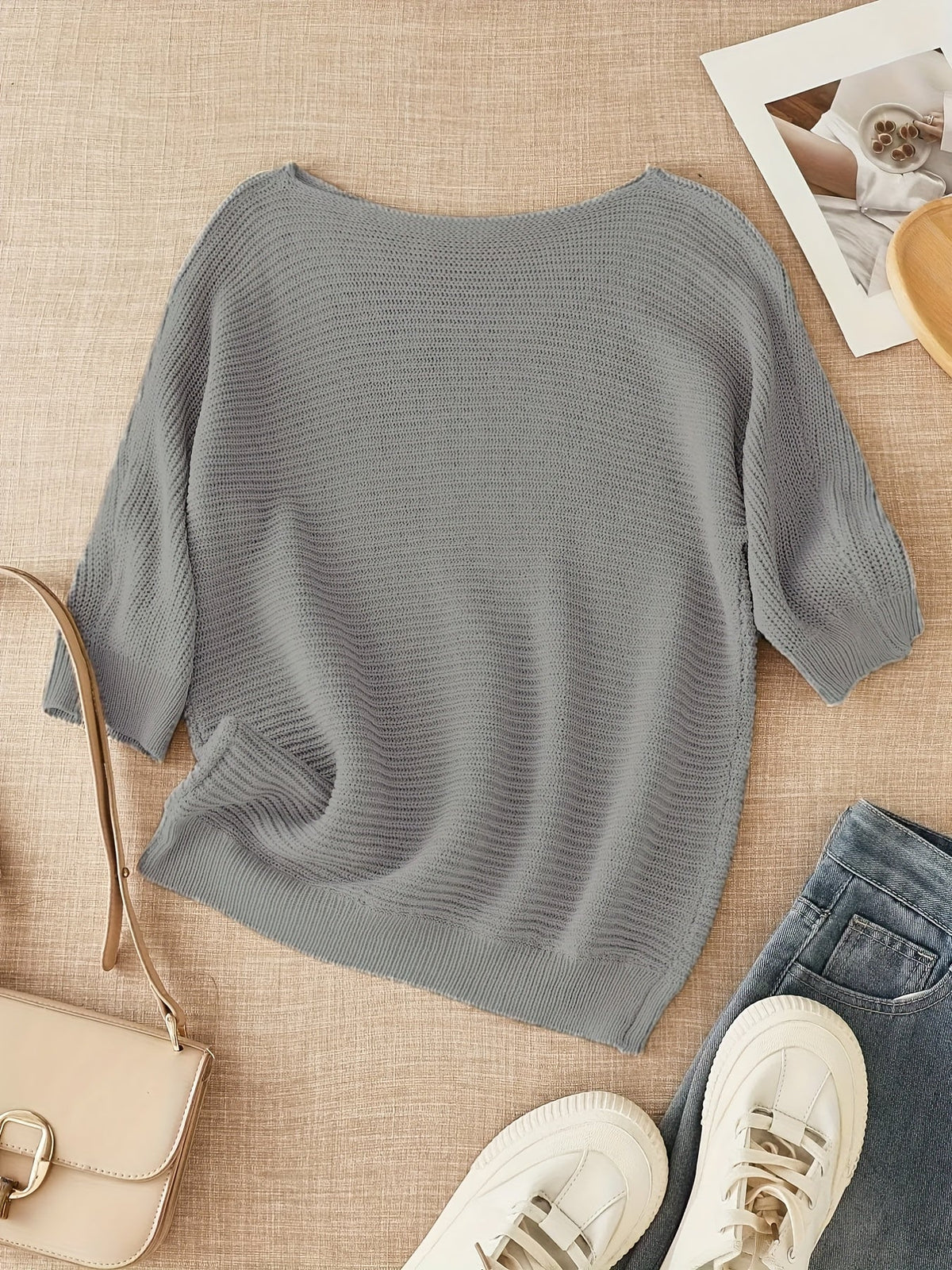 Women's beige open knit sweater with boat neckline and elbow-length dolman sleeves - view 41