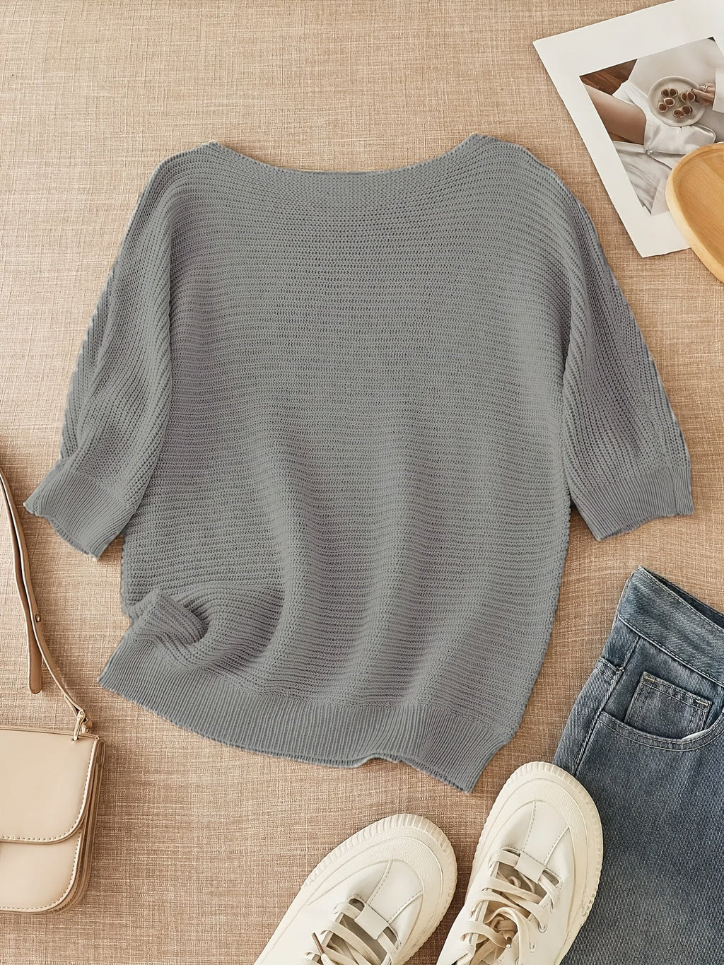 Women's beige open knit sweater with boat neckline and elbow-length dolman sleeves - view 42