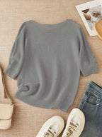 Women's beige open knit sweater with boat neckline and elbow-length dolman sleeves - view 42