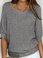 Women's beige open knit sweater with boat neckline and elbow-length dolman sleeves - view 46