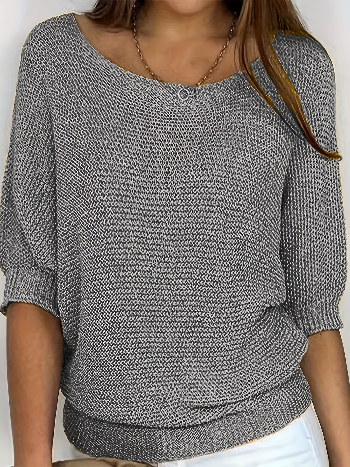 Women's beige open knit sweater with boat neckline and elbow-length dolman sleeves - view 46