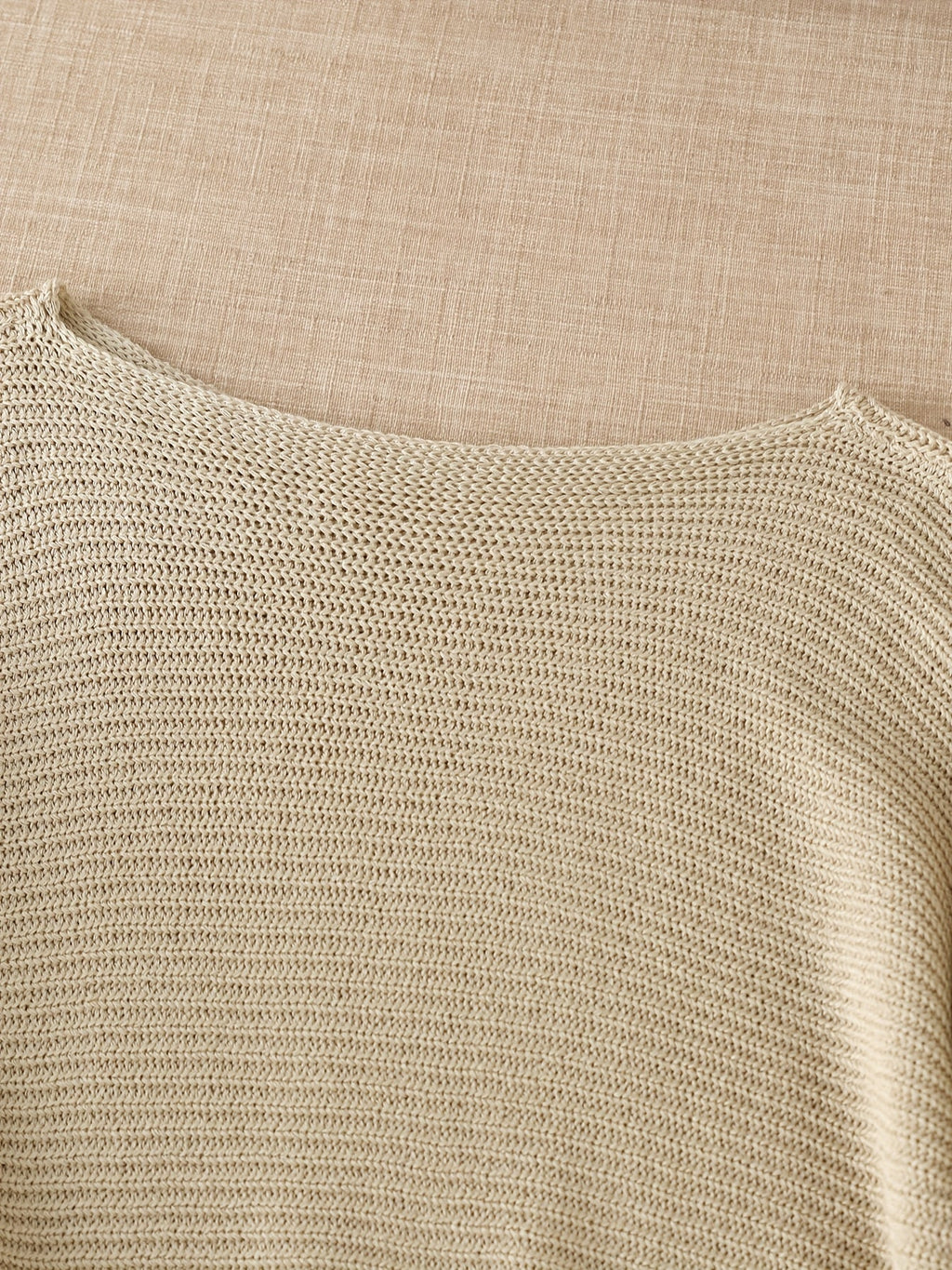 Women's beige open knit sweater with boat neckline and elbow-length dolman sleeves - view 6