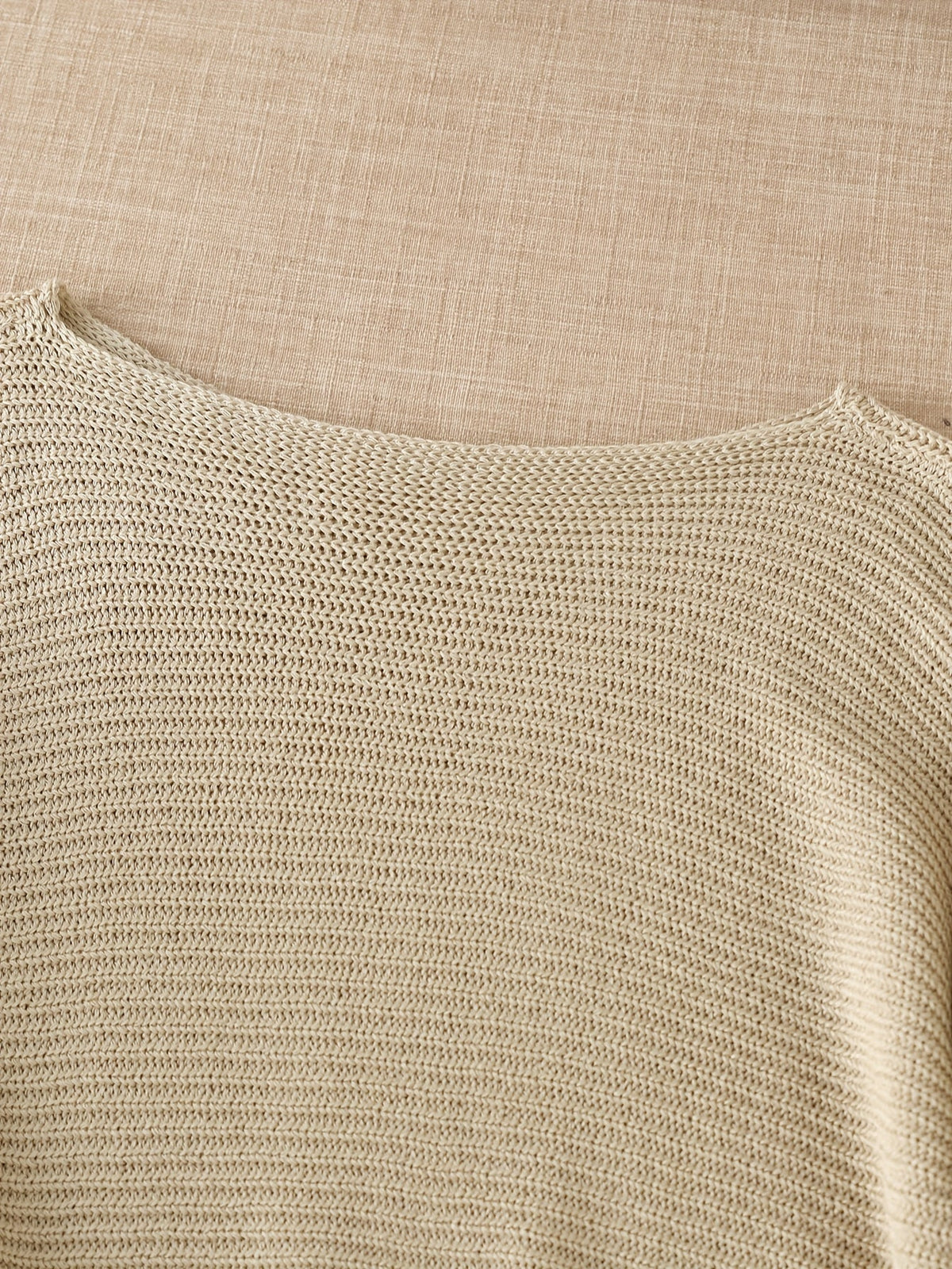 Women's beige open knit sweater with boat neckline and elbow-length dolman sleeves - view 6